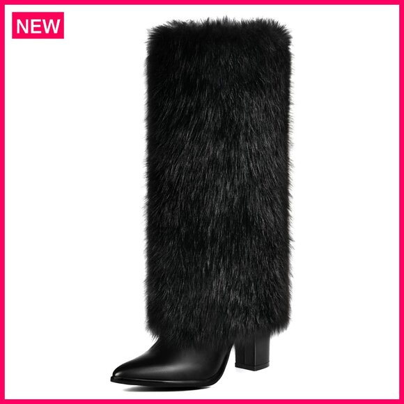 Knee High Faux Fur Boots 3.3 Inch Chunky Heel Wide Calf Side Zipper